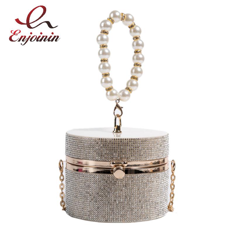 

Evening Bags Diamond Acrylic Round Party Clutch Bag For Women Pearl Handles Female Purses And Handbags Small Shoulder Crossbody