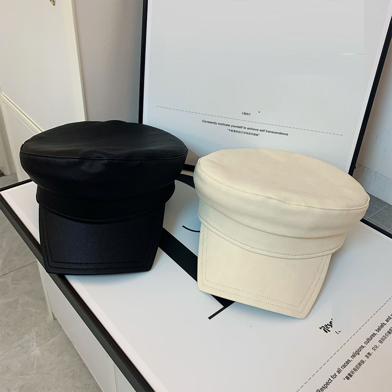 

2021 New Fashion Spring Autumn Military Waterproof Pu Leather Leisure Lady Octagonal Men's Hat Women Visors Cap 0dy4, Black