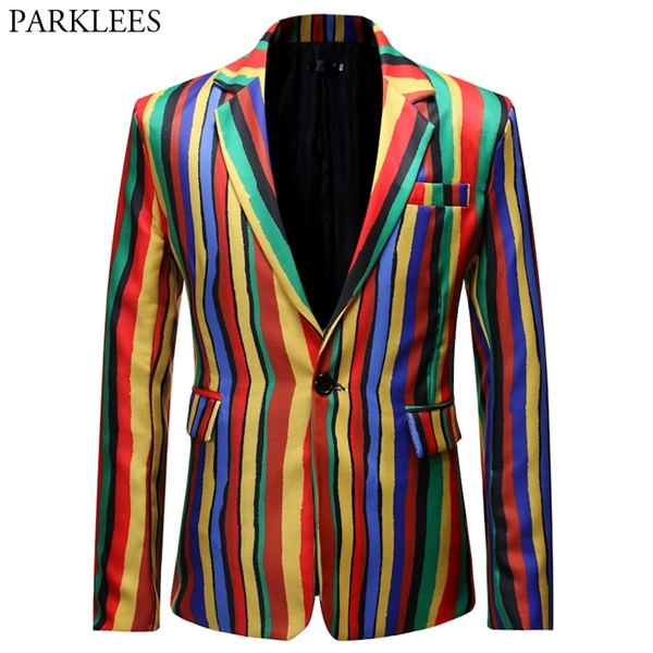 

Colourful Rainbow Stylish Blazer Jacket Men Casual One Button Peak Lapel Mens Blazers Club Party Prom Stage Clothing for Singers X0615