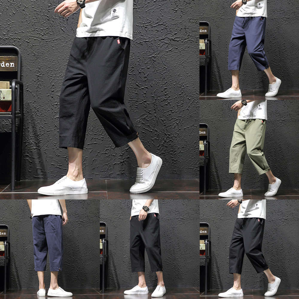 

loose Summer linen size shorts men's fattening fat plus straight beach 7-point pants i2021, White;black