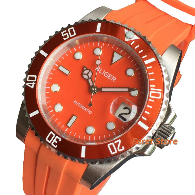 

Wristwatches 40mm Orange Dial Bezel Insert NH35A Automatic Movement Watch Sapphire Glass Date Rubber Strap Fashion Men's, 1 no logo