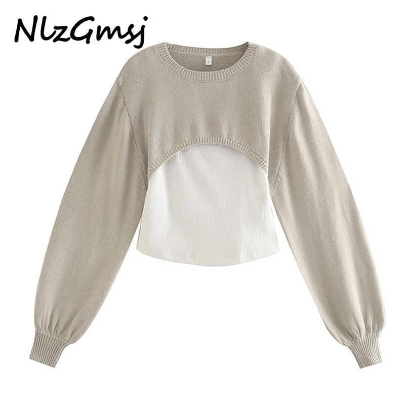 

Nlzgmsj Women Fashion Patchwork 2 Piece Knitted Sweater jumper O Neck Female Pullovers Chic Tops 210628, As picture