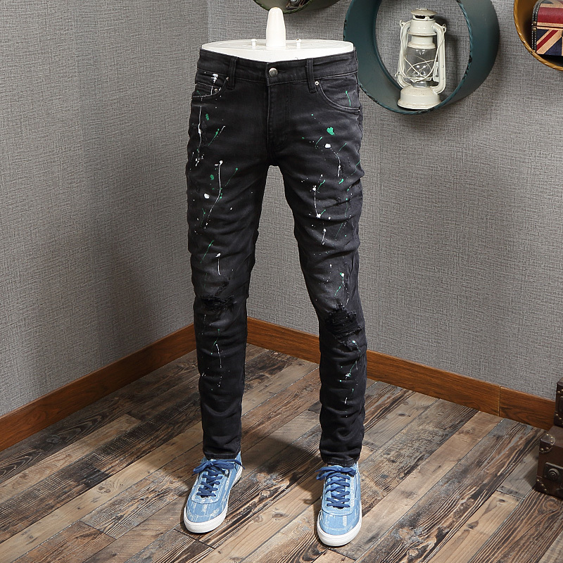 

2021 New Fashion Streetwear Top Quality Black Slim Fit Ripped Men Paint Designer Punk Pants Destroyed Hip Hop Jeans Homme Cym4