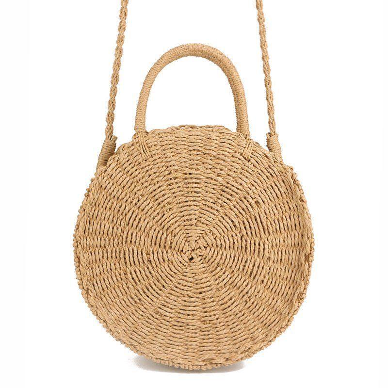 

Shopping Bags Summer Women Round Straw Tote Rattan Bag HandWoven Beach Boho Ladies Zipper, Beige