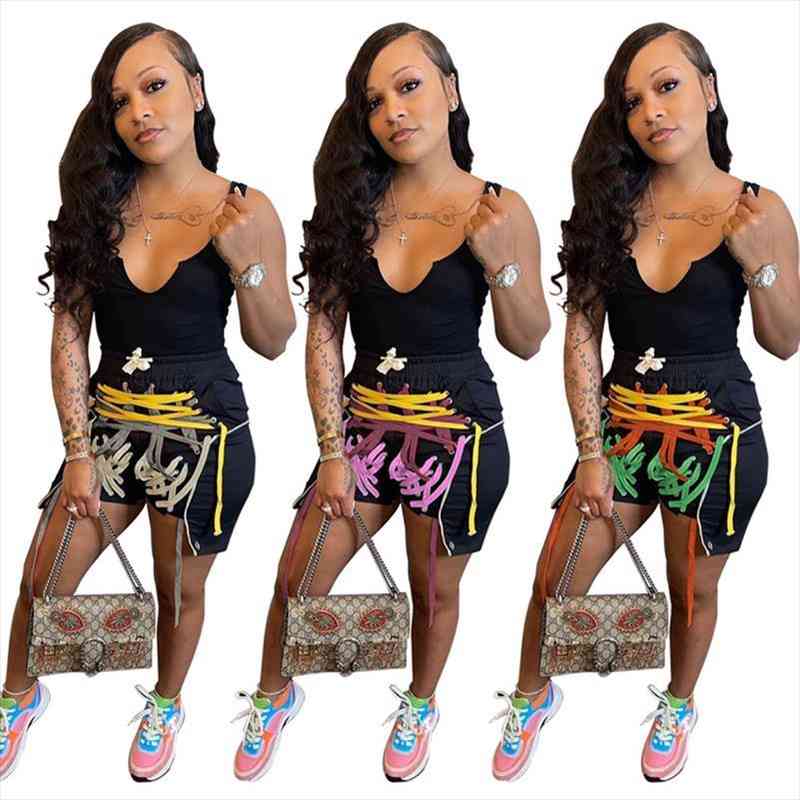 

summer multicolor lace up over women short strings high waist hip hop trousers with pocket female sports jogger plus, White;black