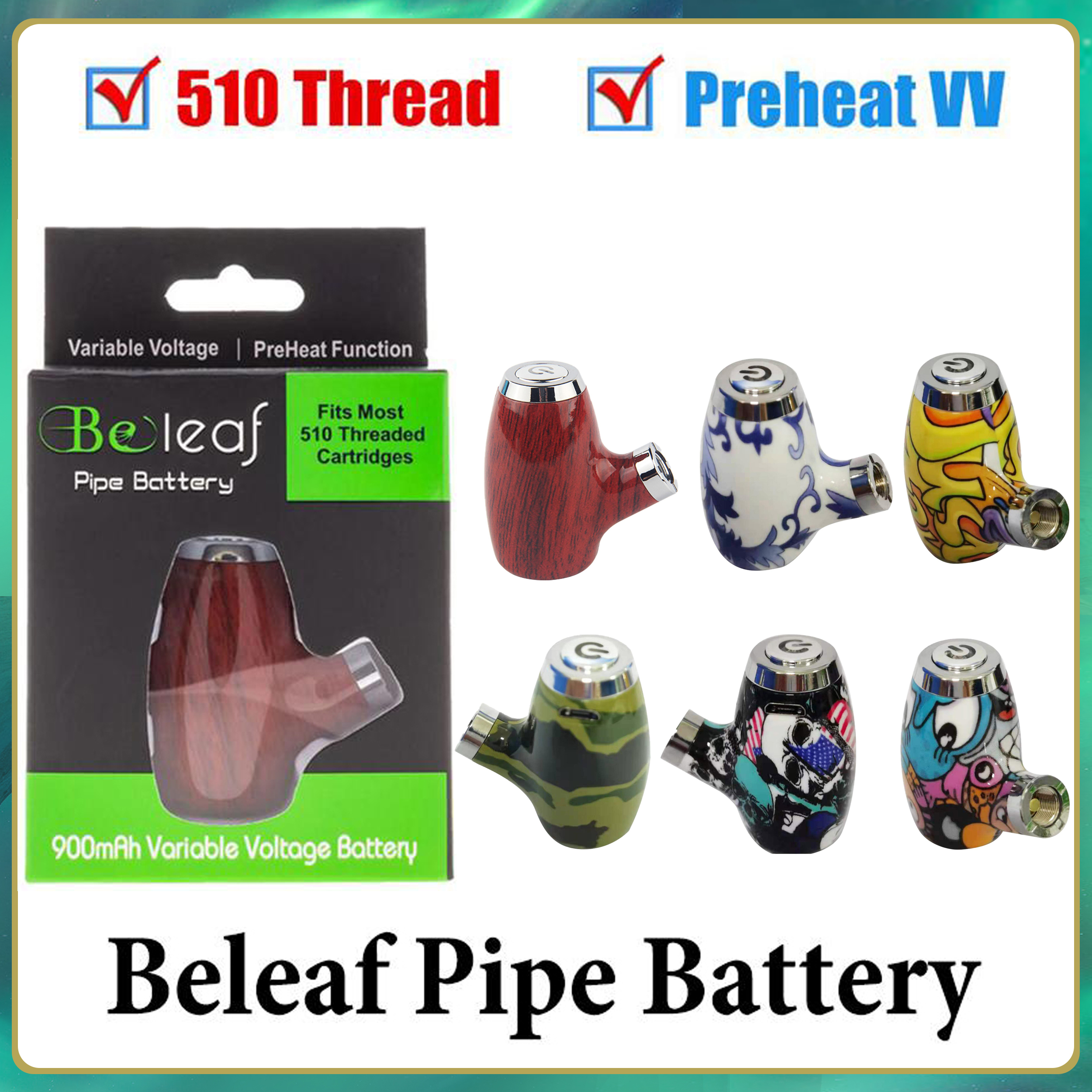 

100% Authentic Beleaf Pipe Battery Kit 6 Colors Wooden Design Vape Pen Cigarette 510 Thread 900mAh Rechargeable Preheat Variable Voltage