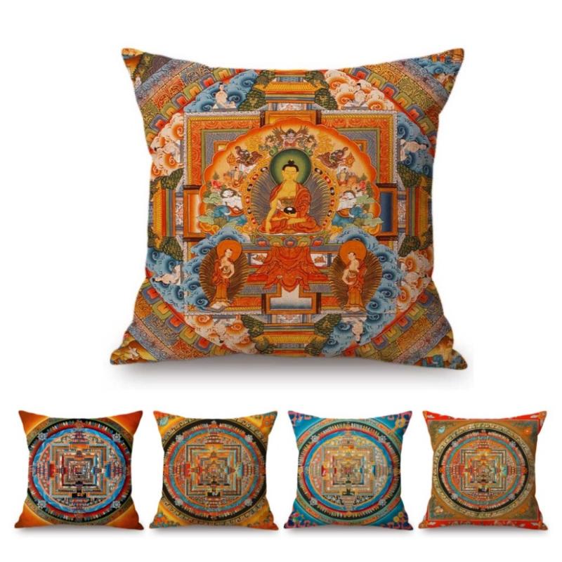 

Cushion/Decorative Pillow Vintage Mandala Nepal Tebitan Buddhism Pattern Worship Home Decorative Throw Case Cotton Linen Buddhist Art Cushio, T166-5