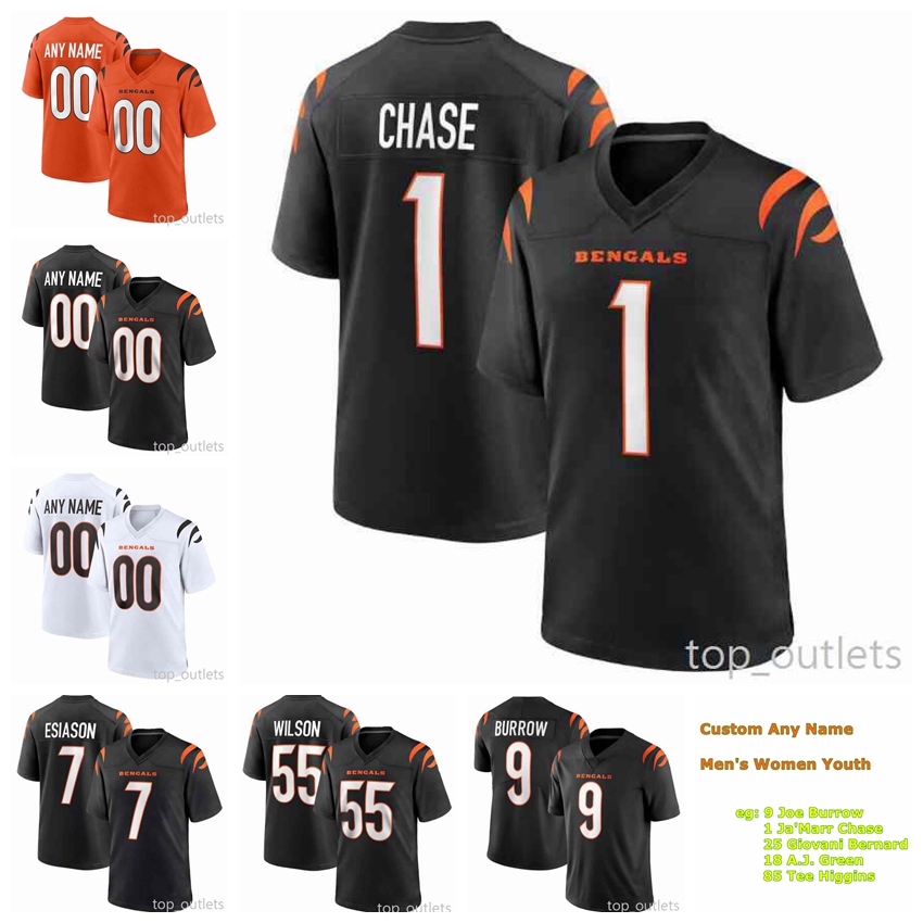 

2021 Bengals American Football Jerseys Ja'Marr Chase Jersey Sam Hubbard Tee Higgins Joe Mixon Burrow A.J. Green Tyler Boyd Custom Stitc, Black;red