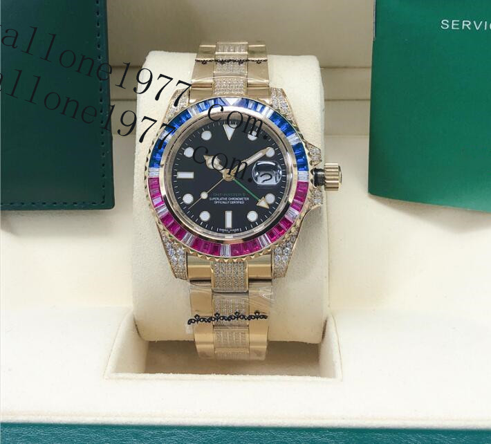 

Top classic men gmt watch 40mm rainbow full diamond 18K gold automatic mechanical fashion waterproof men's, Only box.no watch