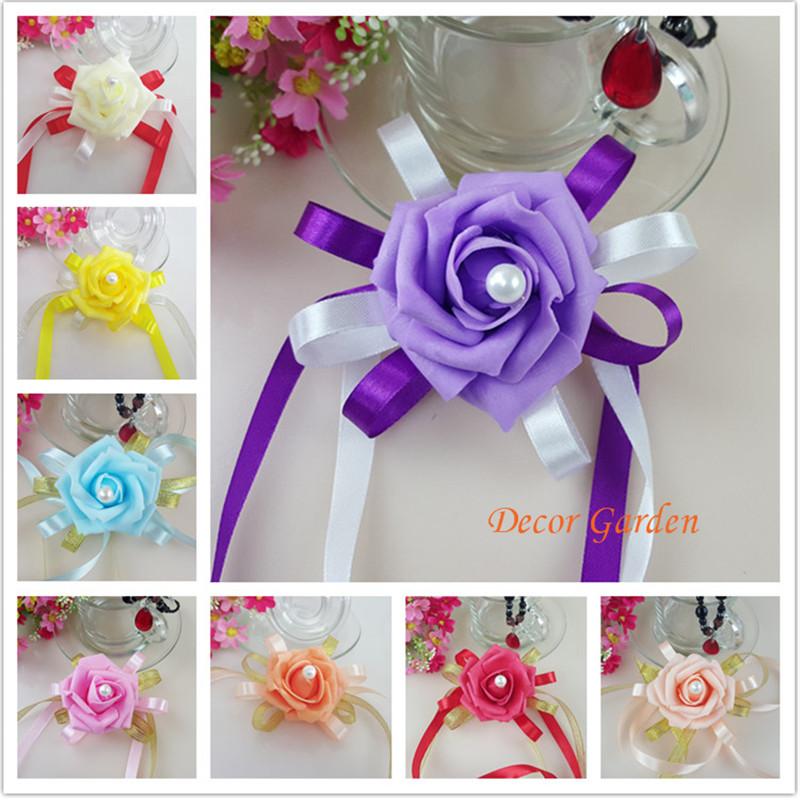 

6pcs 10Colors Handmade PU Wedding Dancing Decor Pearl Bride Boutonniere bride bridesmaids wrist corsages bridal wrist bouquetsr