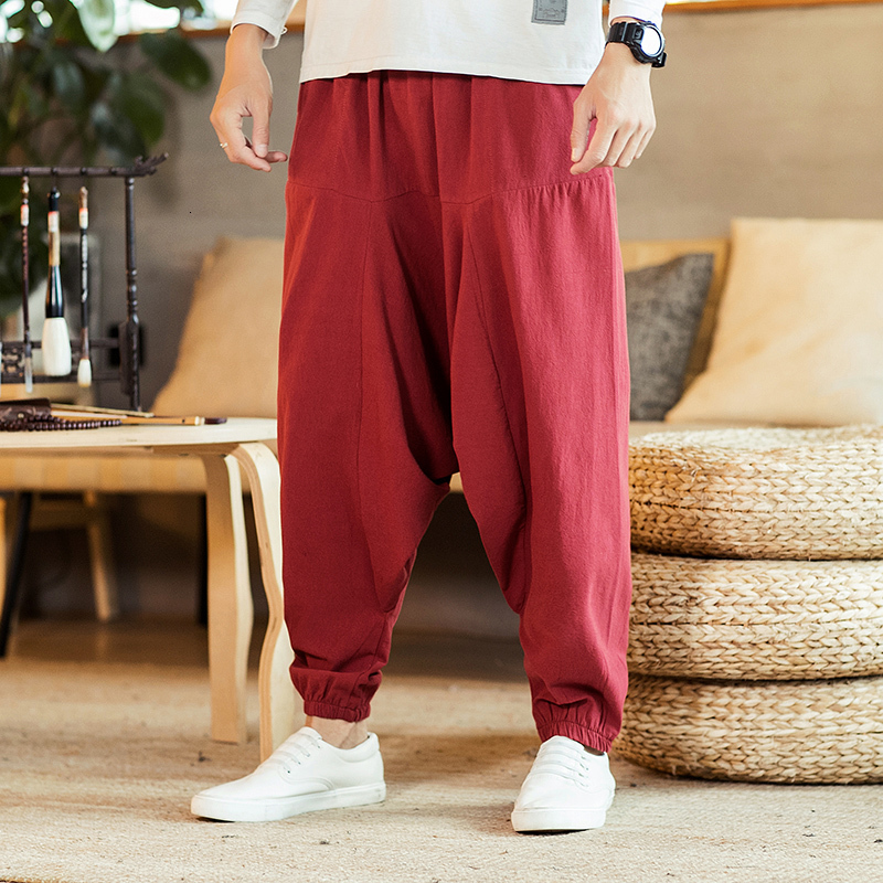 

2021 New Men Baggy Harem Hip Hop Cross Joggers Causal Loose Trousers Wide Leg Cotton Linen Pants Pantalones Hombre Streetwear 2c0r J1ii, Wine red