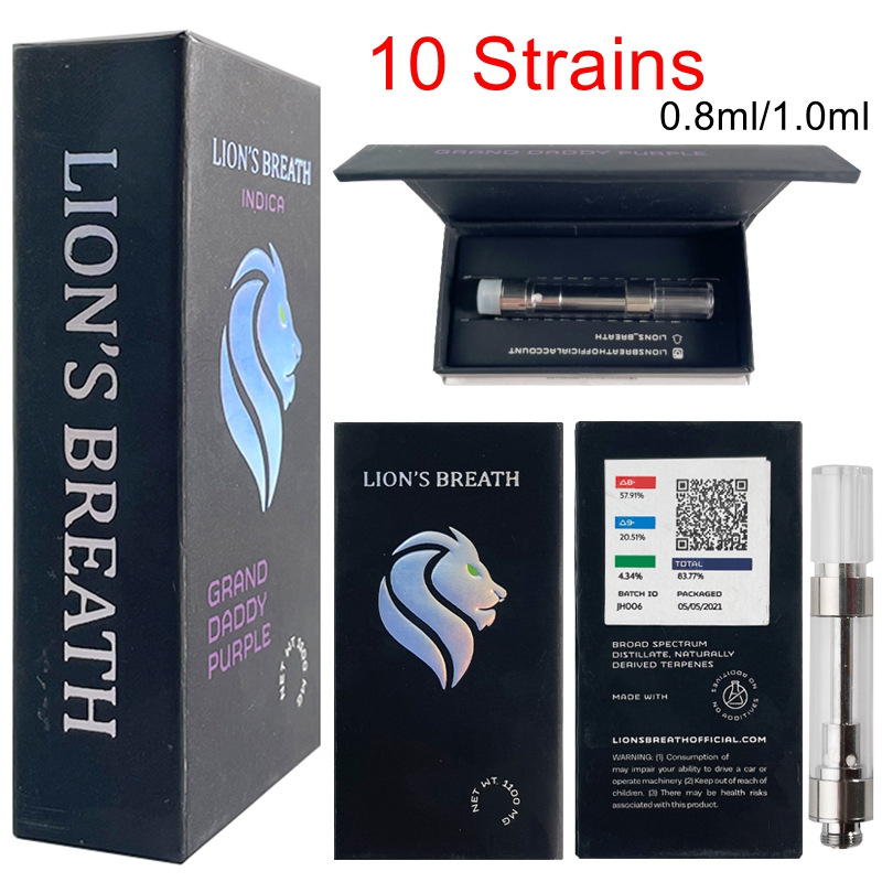 

In Stock Magnetic Box LIONS BREATH Atomizers Vape Cartridges Packaging 0.8ml 1ml Ceramic Carts 510 Thread Thick Oil Dab Pen Vaporizer 10 Strains