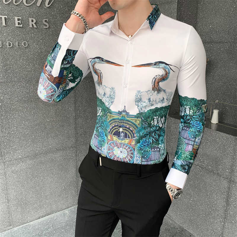 

Luxury Crane Print Shirt Men Streetwear Long Sleeve Casual Shirt Slim Fit Social Nightclub Party Men Clothing Camisa Masculina 210527, Black