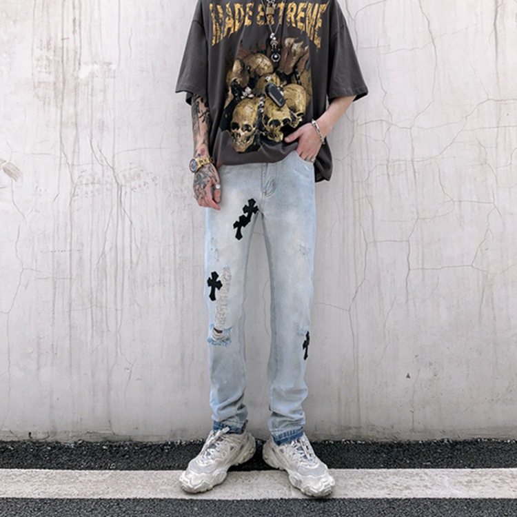 

Men's Jeans Man 'side Stripe Zipper INS Stretch Cross Ripped Hole Hip Hop Sportswear Waist Joggers Pants Fashion Cloting Black color, As picture