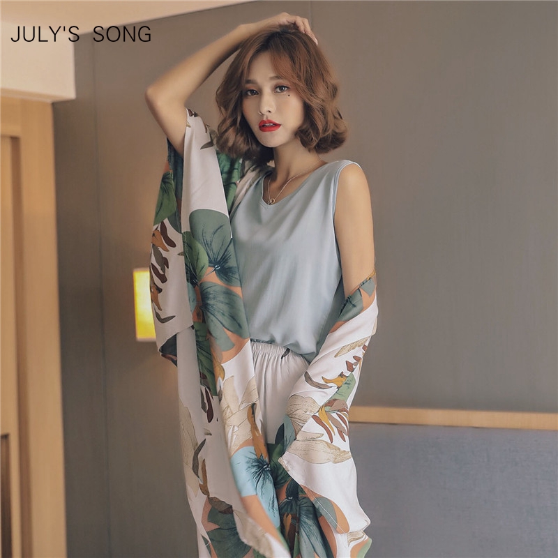 

JULYS SONG 4 Piece Spring Summer Women Pajamas Sets Floral Printed Viscose Robe Top and Shorts Female Sleepwear Night Suit, 06