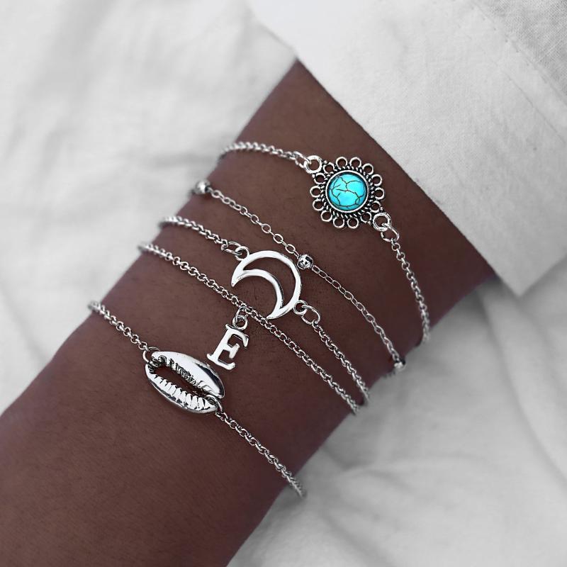 

Charm Bracelets Jewelry E Letter Moon For Women Bohemian Style Shell Inlaid Green Stone Flower Set Wholesale Pulseras
