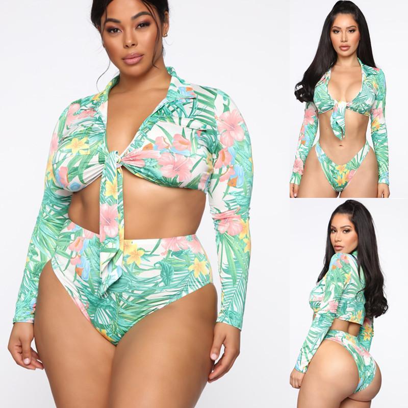 

Bikini Women' Split Swimsuit Long Sleeve Pattern Printing Sexy High Waist Large Plus Size Briefs Swimwear 2 Piece Sets, Green flowers