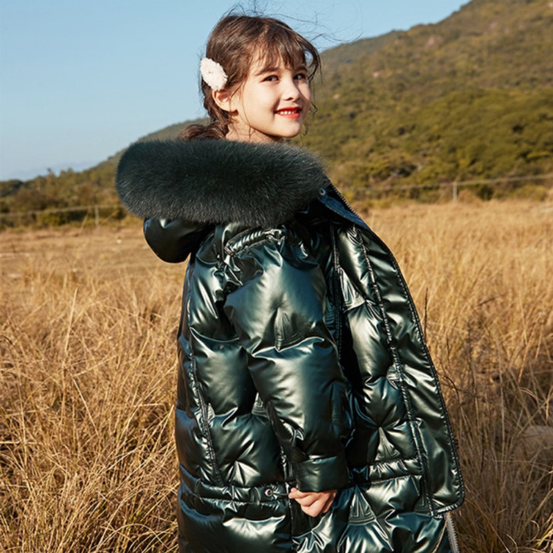 

2021 New Children Coat Girls Kids Windproof Mid-long Glossy White Duck Down Jacket Teenager Big Fur Collar Warm Parka Outerwear 7zde, Blue;gray