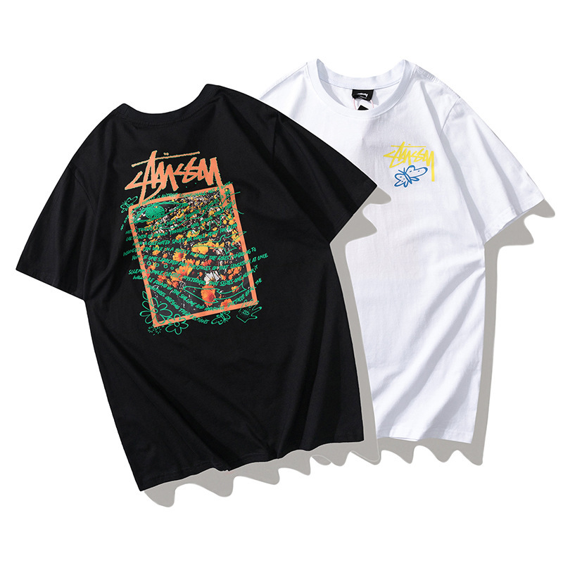 

2021 summer tide brand new stussy plant flower printing casual loose men's and women's Short Sleeve T-Shirt, White;black