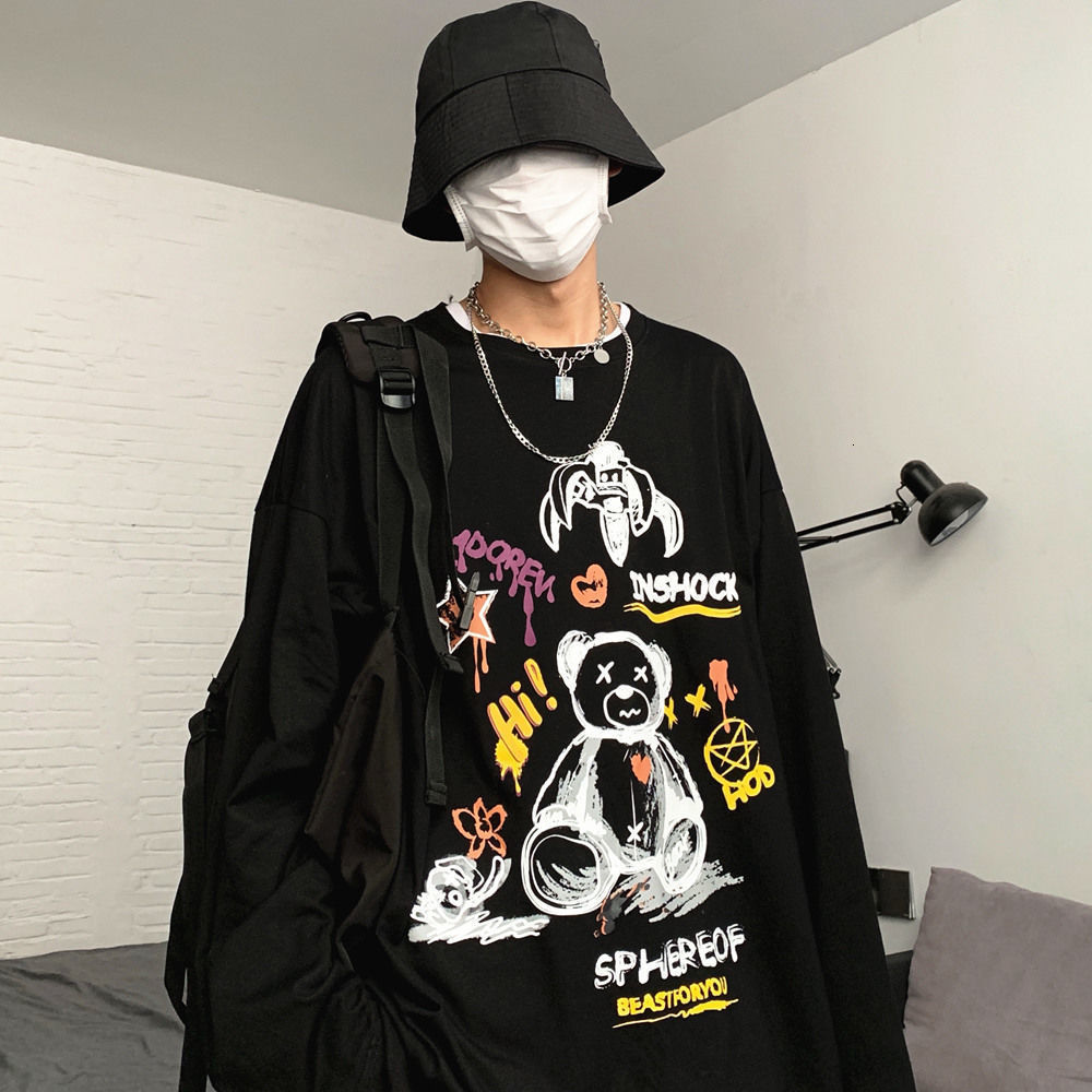 

2021 New Camisa Impresso De Urso Preto Legal Oversized Topos Harajuku Outono Primavera t Manga Longa Alta Rua Solta Japo Engraado Camiseta I