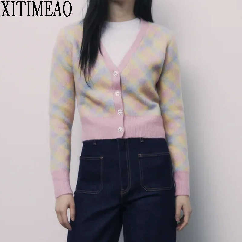 

ZA Women Autumn Winter Diamond Check Knitted Slim Knit Sweater Coat Retro Solid Color V Neck knitted Cardigan Jacket 210602, Pink