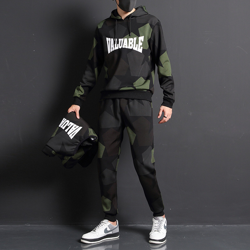 

men's sports leisure suit three piece autumn and winter new korean fashion men's long sve hooded camouflage sweater set batch, Black