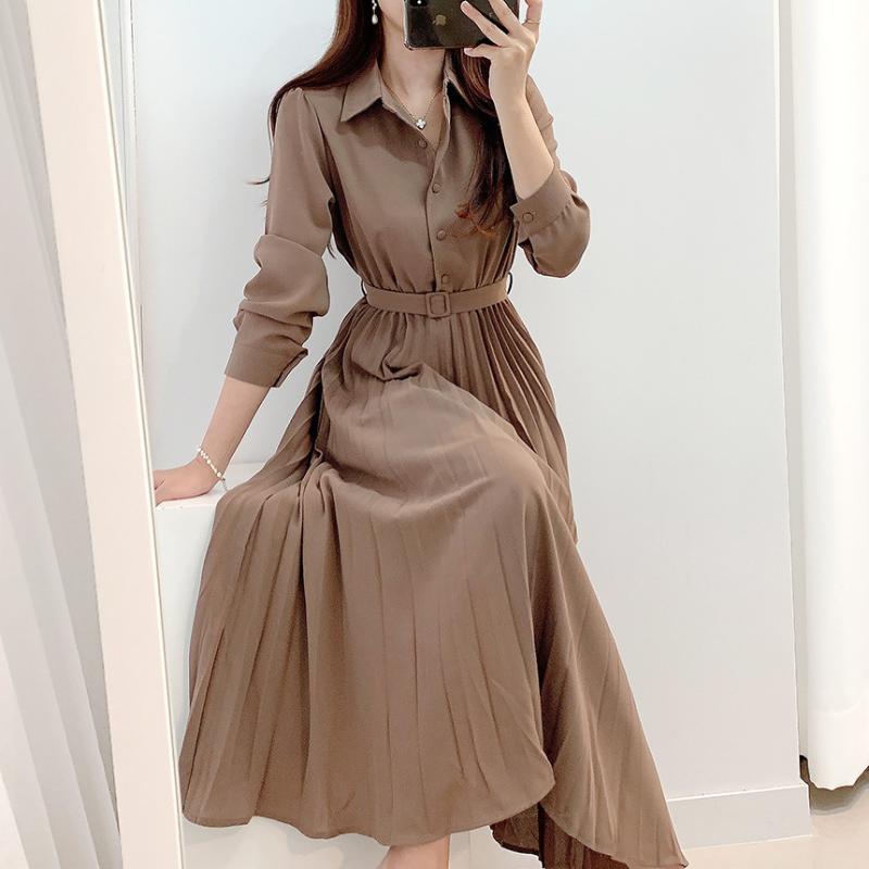 

Casual Dresses Slim Vintage Autumn High Waist Single-breasted Lapel Shirt Dress Women Pleated Sexy Vestido Feminino Long Sleeve Robe Elegant, Black;gray