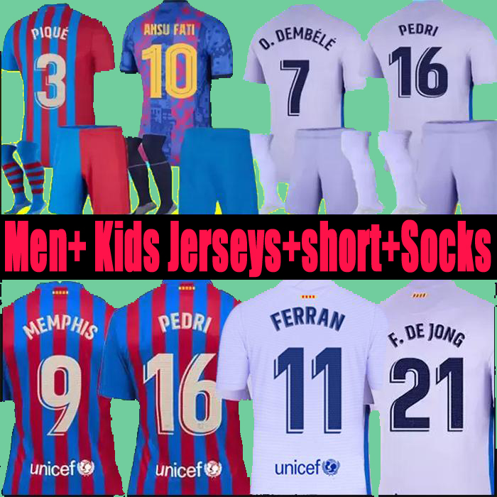 

21 22 Soccer Jerseys Men Adult Kids +Short Socks Full Set Kits Ferran Torres 2021 2022 MEMPHIS PEDRI ANSU FATI DEST F.DE JONG Football Shirts Man unifrom, 21 22 home set+ socks with 1 patch