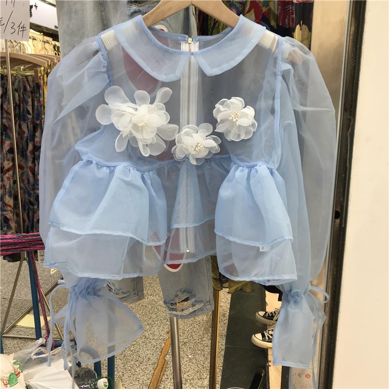 

Women' Blouses & Shirts Three-Dimensional Flower Blouse Women 2021 Summer Autumn Design Blue Mesh Shirt Ruffled Temperament Organza Blusas, Sky blue