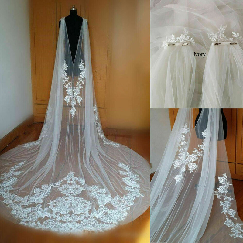 

2020 Bridal Wedding Veil Cathedral Length Wedding Cape Bridal Jacket Cloak Long Lace Applique Shoulder Veil 3//3.5/4Meters, White