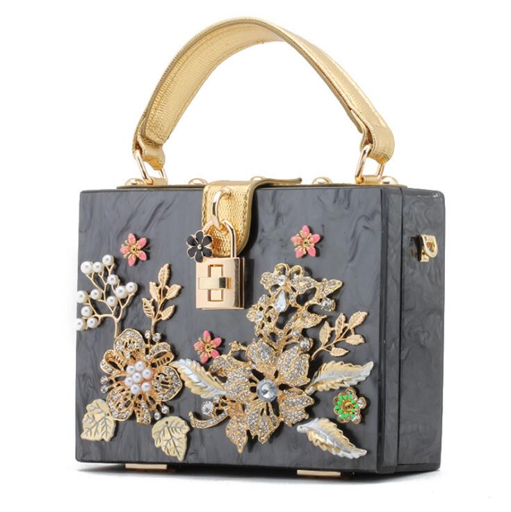 

Factory wholesale women bag high quality acrylic hard box studded handbag sweet little fresh Pearl flower chain bags ladies carved diamond fashion handbags, Black(boutique box)