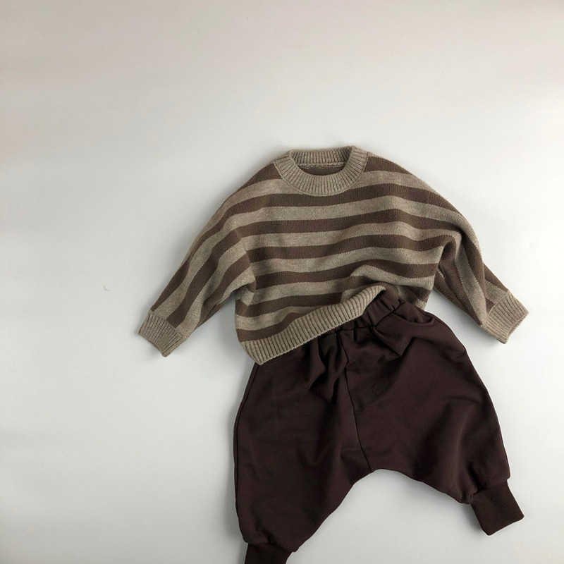 

Baby Sweater And Autumn Children's Pullover Thickening Long Sleeve Round Neck Striped Brown Girls Sweater 210701