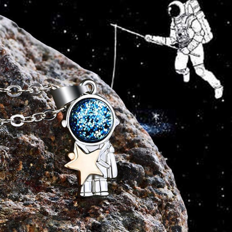 

Pendant Necklaces Lover Extension Chain Alloy Adjustable Star Moon Astronaut Couple Charm For Anniversary, Silver