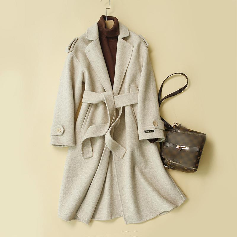 

Women's Wool & Blends High Quality Double-sided 100%Wool Coat Hand-stitched Woolen Fall/Winter 2021 Office Lady K1150, Beige wool coat
