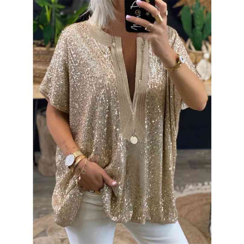 

Elegant Women Sequins T-Shirt Summer Casual V Neck Short Sleeve Loose Chic Women's Tee Shirt Gold Sexy T Shirts Sequin Tops 210720