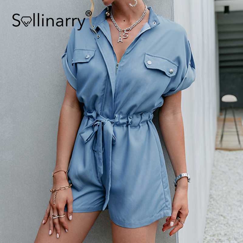 

Sollinarry Casual lace up women's summer romper solid High street button jumpsuit romper Overall chain ladies romper shorts 210709, Blue