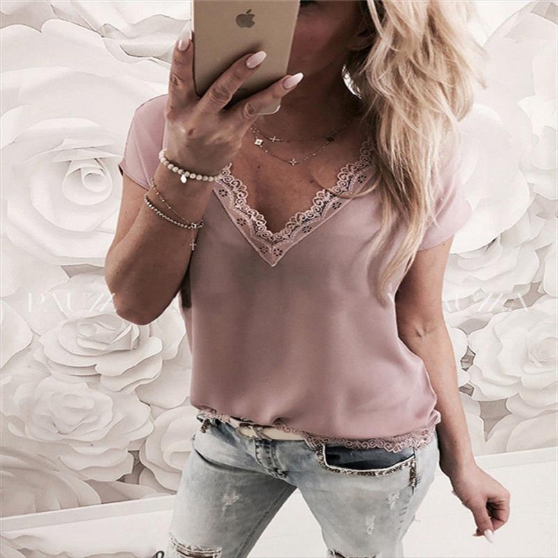 

summer casual women blouses loose short sleeve solid lace v neck chiffon female shirts vest blusa plus size, White