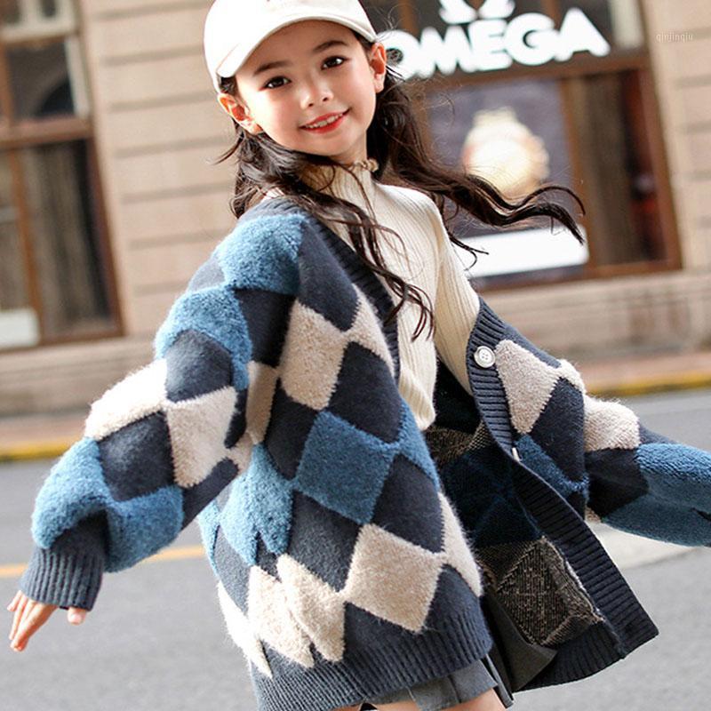 

Jackets Baby Girls Sweaters Big Girl Cardigans Coat Plaid Children Cotton Knitwear Autumn Winter Kids Pullover Sweater, Blue;gray