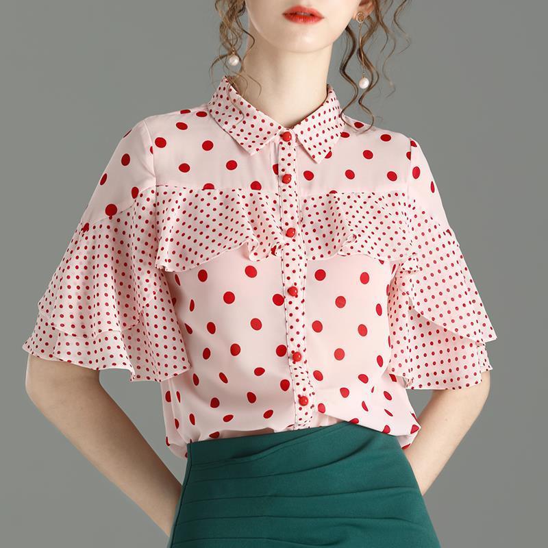 

Women' Blouses & Shirts Elegant Blouse Retro Wave Point Print Ruffles Tops Short Sleeve Chiffon Top Summer Fashion Women Clothing Shirt, Red