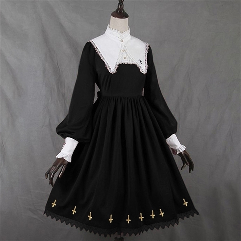 

Lolita Style Women Dress Medieval Oversized Retro Lace Lantern Sleeve Gothic Dresses Plus Size  Big Swing A-line Vestido Girl 210309, Black