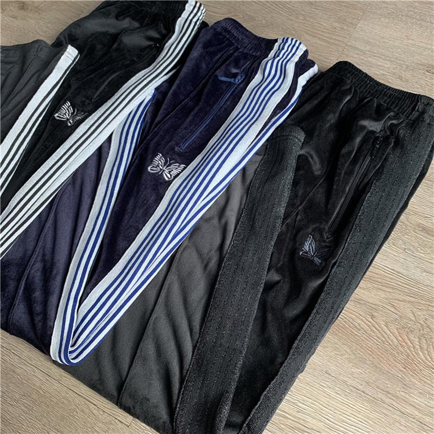 

2021 New Pants Men Women Streetwear Striped Needles Sweatpants Butterfly Embroidery Joggers Awge Trousers Inside Tag Cm8c