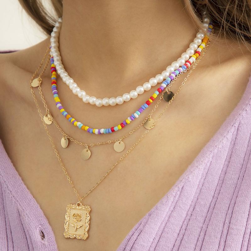 

Pendant Necklaces Vintage Imitation Pearl Color Beaded Necklace Lady Boho Round Sequin Square Rose Flower Girl Glamour Jewelry