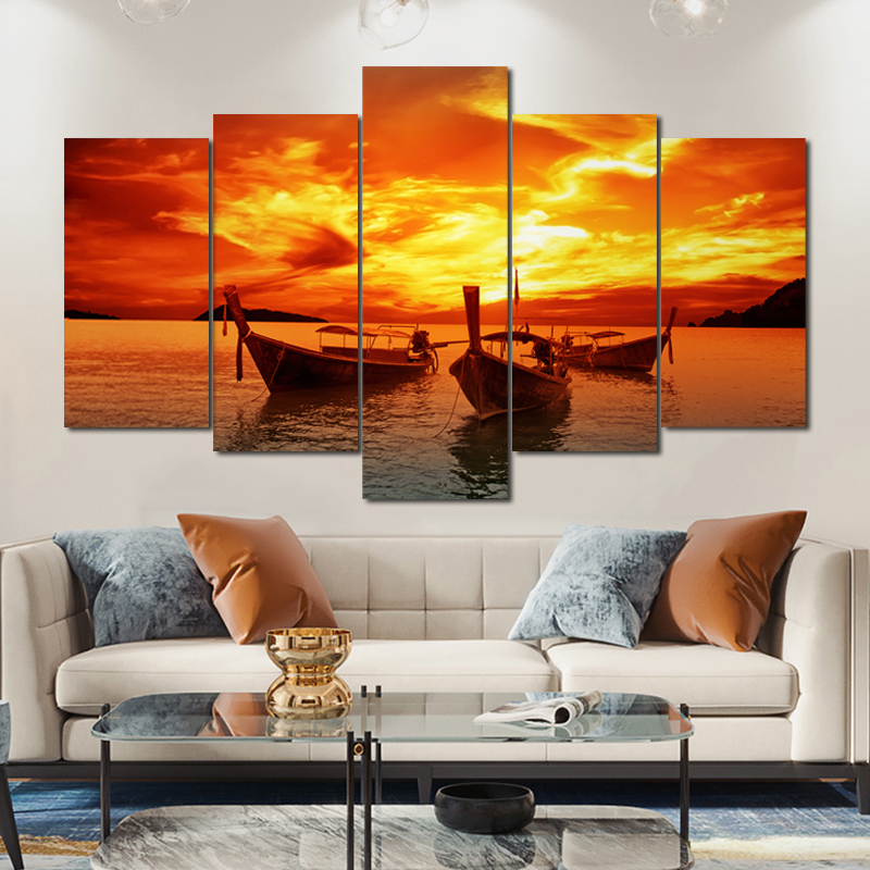 

5 Panels/Set Sunset Boat Landscape Pictures Canvas Painting Posters And Prints Wall Art For Living Room Decoration