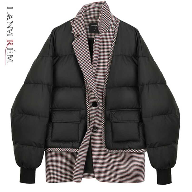 

LANMREM Winter Turn-down Collar Plaid Patchwork Single-breasted All-match Stree Wear Black Cotton Padded Jacket 2A2947 211018