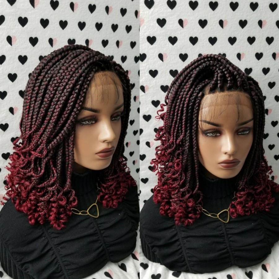 

Ombre Red Short Box Braids Wig With Curly Tips Synthetic Fully Handmade Braided Lace Front Wigs For Black Women, Natural color