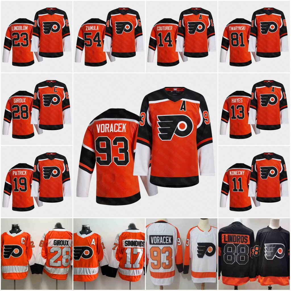 

28 Claude Giroux Philadelphia Flyers 2021 Reverse Retro Jerseys Carter Hart Jakub Voracek Travis Konecny 9 Ivan Provolov Eric Lindros Jersey, Black;red