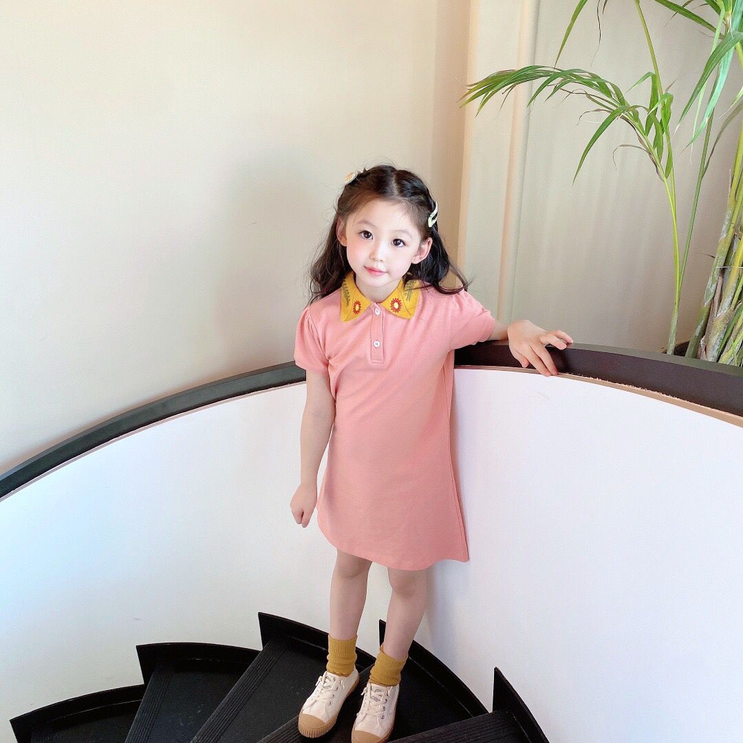 

2021 free shipping baby girl dress Girls Summer Short Sleeve Polo Dress for 2-12 Years Kids Cute Sweet Girlish Clothes, Grass green