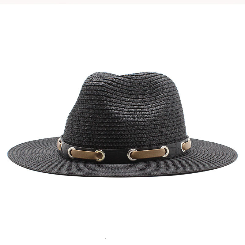

2021 New Straw Men Beach Outdoor Wide Brim Black White with Band Belt Vintage Casual Sun Protective Travel Women Hats Rhij, Navy