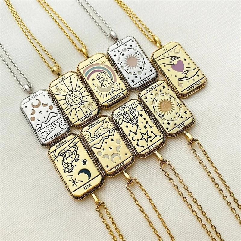 Pendant Necklaces 2021 Creative Gothic Tarot Card Retro Women's 16k Gold Plated Necklace Square Sun Moon World Love Couple Party-image-730132980