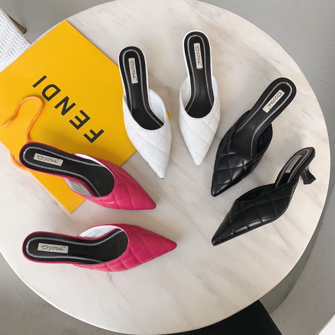 

2021 new women's casual babouche fish scale vamp pointed toed high heels stiletto half slippers loafers stilettos slides mules shoes s6, Black